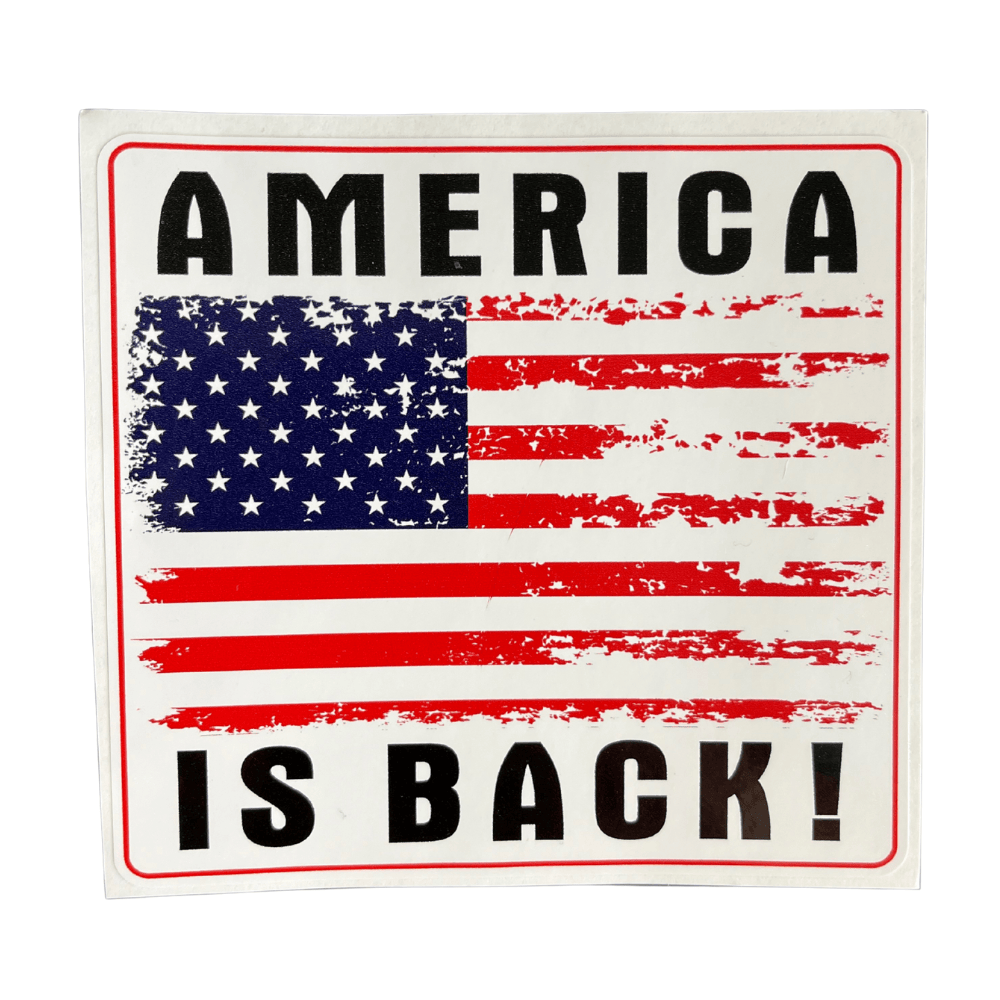 America Is Back sticker made of durable adhesive vinyl featuring bold patriotic designs, perfect for laptops, cars, and outdoor gear.