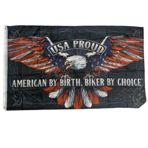 American By Birth Biker By Choice 3x5 flag featuring an eagle with the American flag on its wings, displayed against a black background.