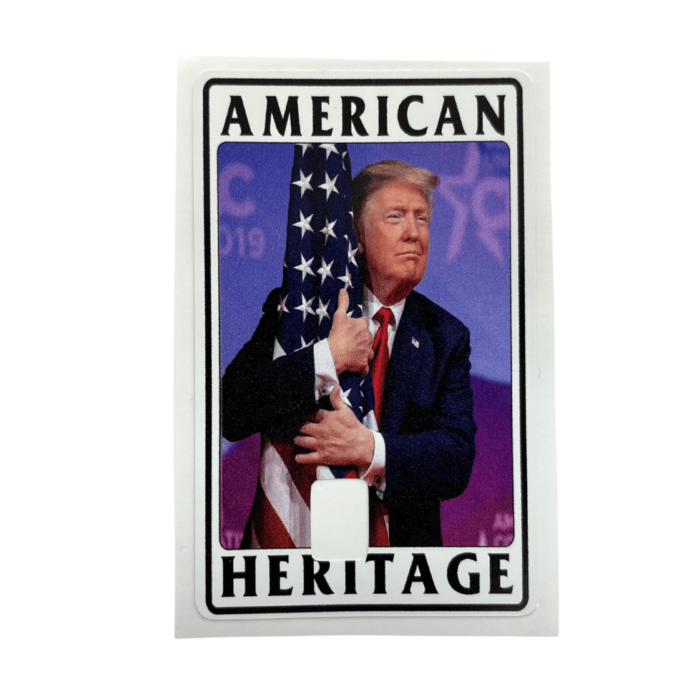 American Heritage credit card cover showcasing Trump embracing the American flag with bold lettering, designed for standard credit cards.