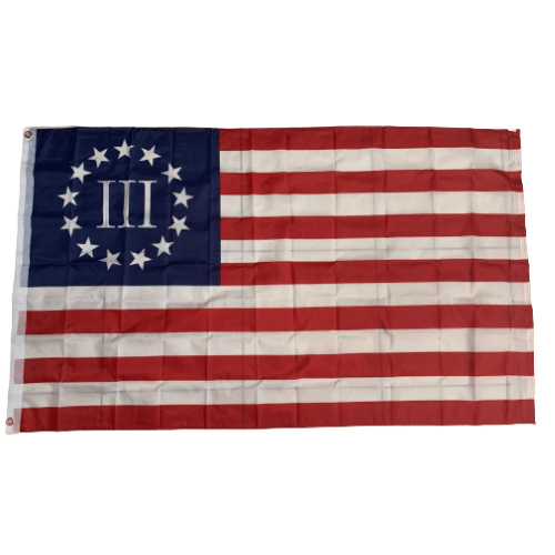 Betsy Ross III Gayle Nyberg 3x5 Flag featuring the original design with a 'III' displayed on a flagpole outdoors against a bright sky.