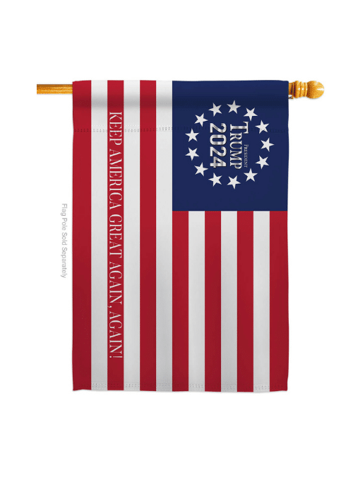 Betsy Ross USA Trump 2024 house flag featuring Betsy Ross design and Trump 2024 text displayed outdoors in a garden setting.