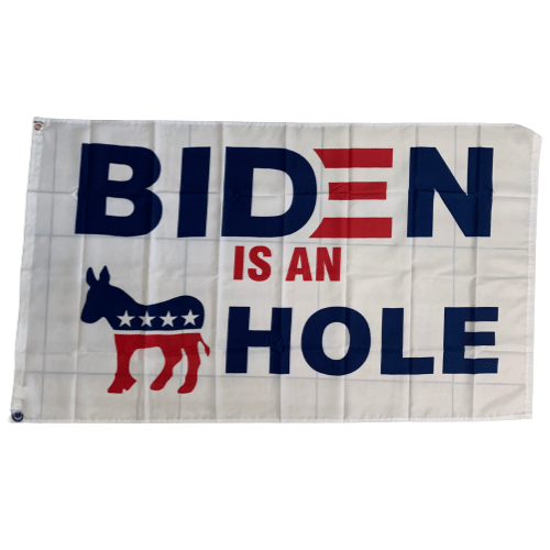 Biden is an Asshole 3x5 flag displayed outdoors, showcasing a bold message on durable nylon fabric with brass grommets.