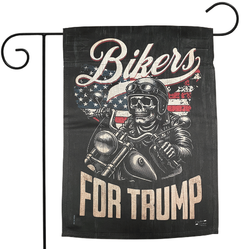 Bikers For Trump Patriotic Skeleton Garden Flag featuring a skeleton on a motorcycle against an American flag backdrop, displayed outdoors.