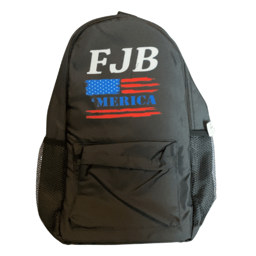 The Black FJB 'Merica Backpack features a horizontal tattered US flag design with "'Merica" lettering, perfect for showcasing patriotism on the go.