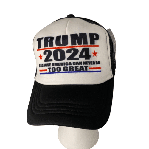 Black Foam/Mesh hat featuring the bold motto 'Because America Can Never Be Too Great,' designed for comfort and patriotism.