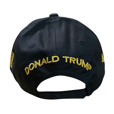 Black & Gold Trump 45/47 Hat with bold gold embroidery of 'TRUMP', '45/47', and USA flag displayed against a stylish black background.
