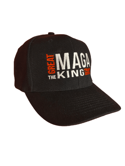 Black The Great MAGA King Trump 2024 Hat featuring bold MAGA Kind slogan and Trump campaign logo, displayed against a neutral background.