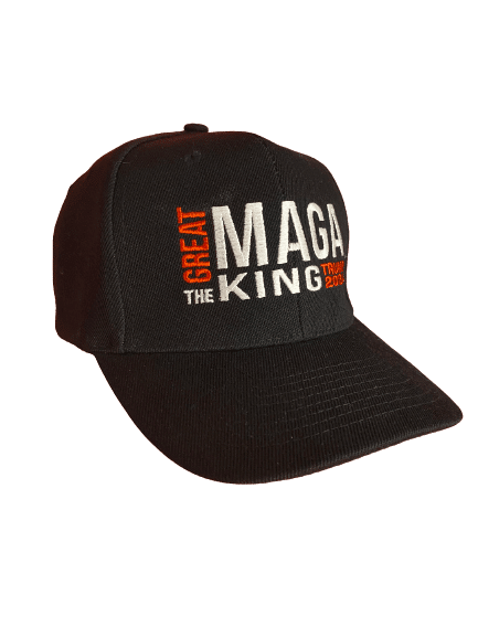 Black The Great MAGA King Trump 2024 Hat featuring bold MAGA Kind slogan and Trump campaign logo, displayed against a neutral background.