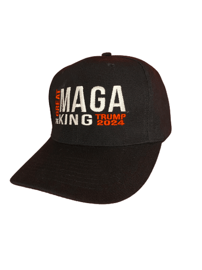 Black The Great MAGA King Trump 2024 Hat featuring bold MAGA Kind slogan and Trump campaign logo, displayed against a neutral background.