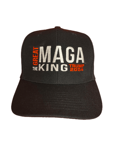 Black The Great MAGA King Trump 2024 Hat featuring bold MAGA Kind slogan and Trump campaign logo, displayed against a neutral background.