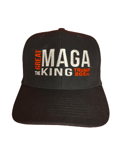 Black The Great MAGA King Trump 2024 Hat featuring bold MAGA Kind slogan and Trump campaign logo, displayed against a neutral background.