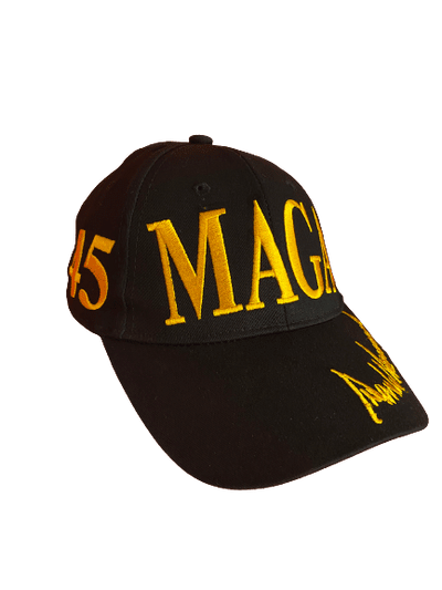 Black MAGA hat featuring gold Donald Trump signature, Presidential Seal, and embroidered MAGA logo, ideal for supporters and events.
