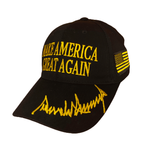 Black Make America Great Again hat featuring Donald Trump's gold signature, designed with adjustable strap and sleek six-panel construction.