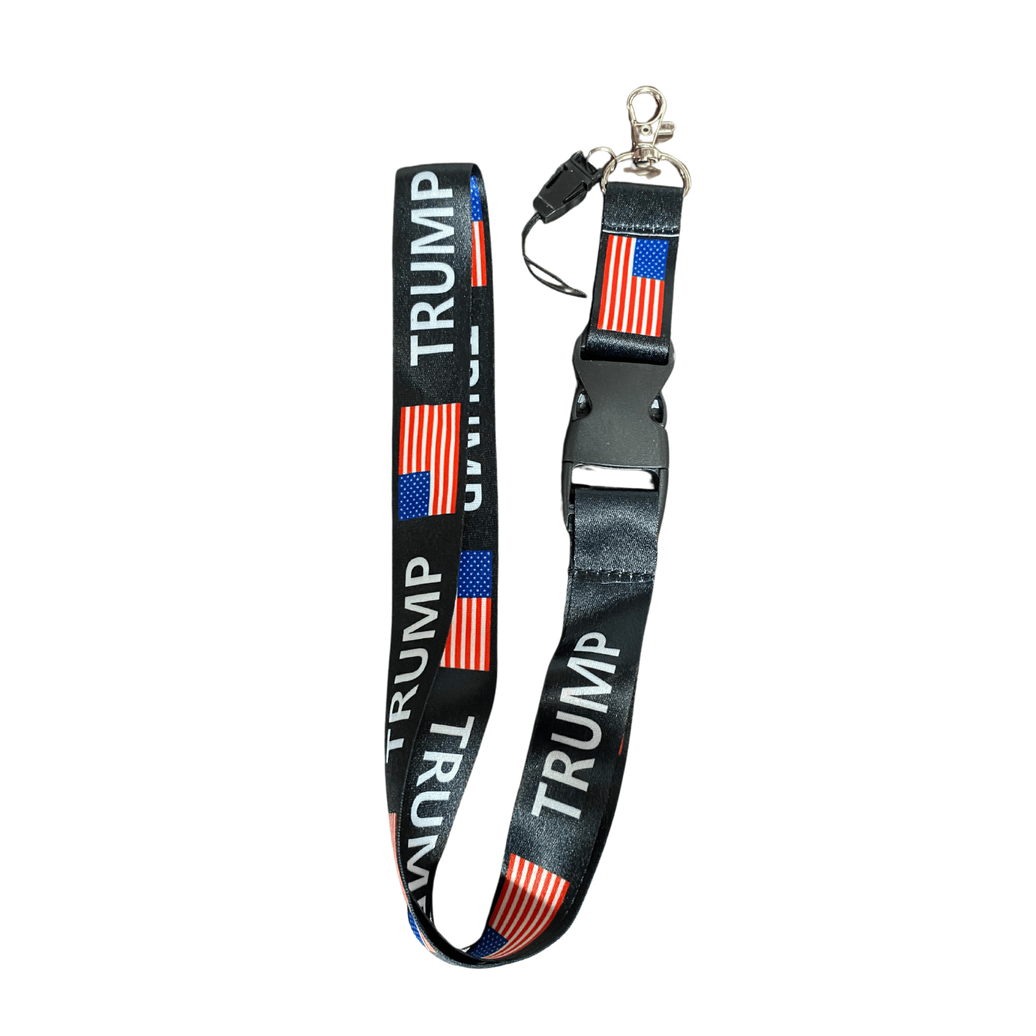 Black Patriotic Trump Lanyard featuring 'TRUMP 2024' in bold white text with American flag accents, displayed on a table.
