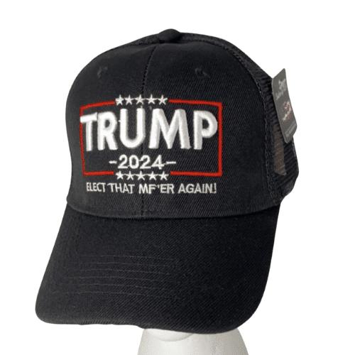 Black Trump 2024 'Elect That MF'er Again' Hat featuring bold embroidery, designed for supporters showcasing their political pride in a stylish way.
