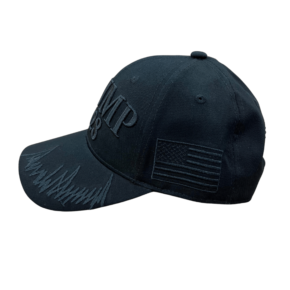 Black Trump 2028 Signature Hat featuring tonal embroidery and Donald Trump's signature on the bill, ideal for political supporters.