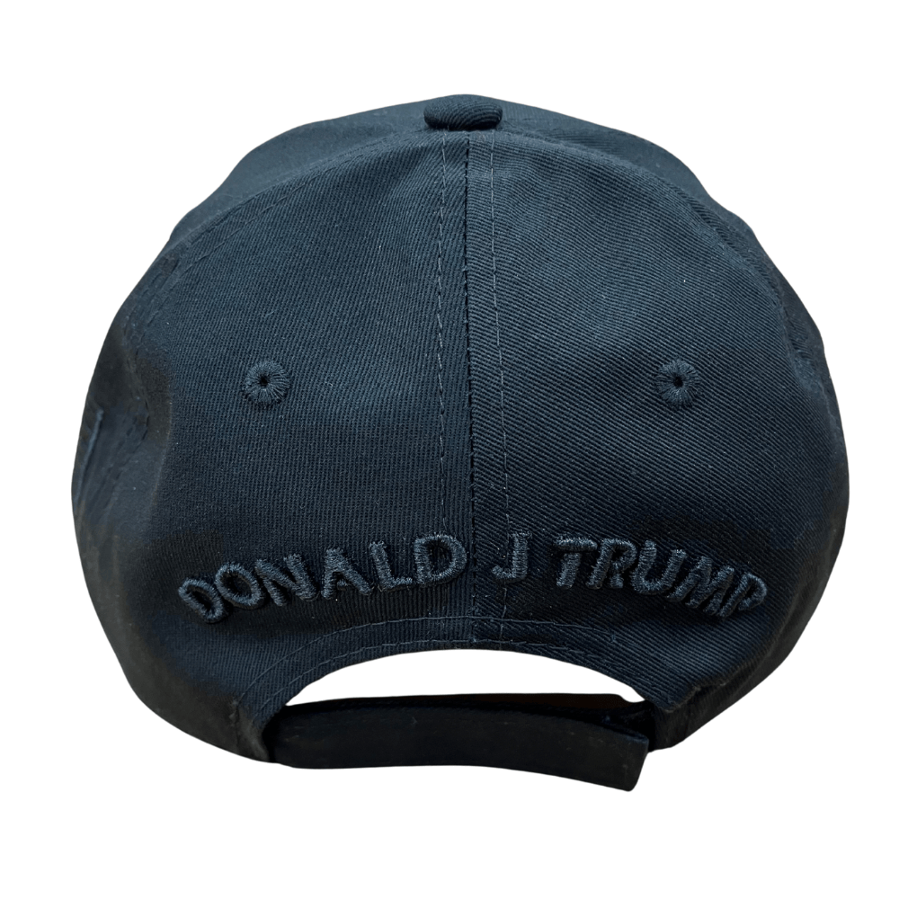 Black Trump 2028 Signature Hat featuring tonal embroidery and Donald Trump's signature on the bill, ideal for political supporters.