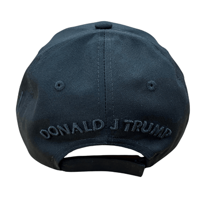 Black Trump 2028 Signature Hat featuring tonal embroidery and Donald Trump's signature on the bill, ideal for political supporters.