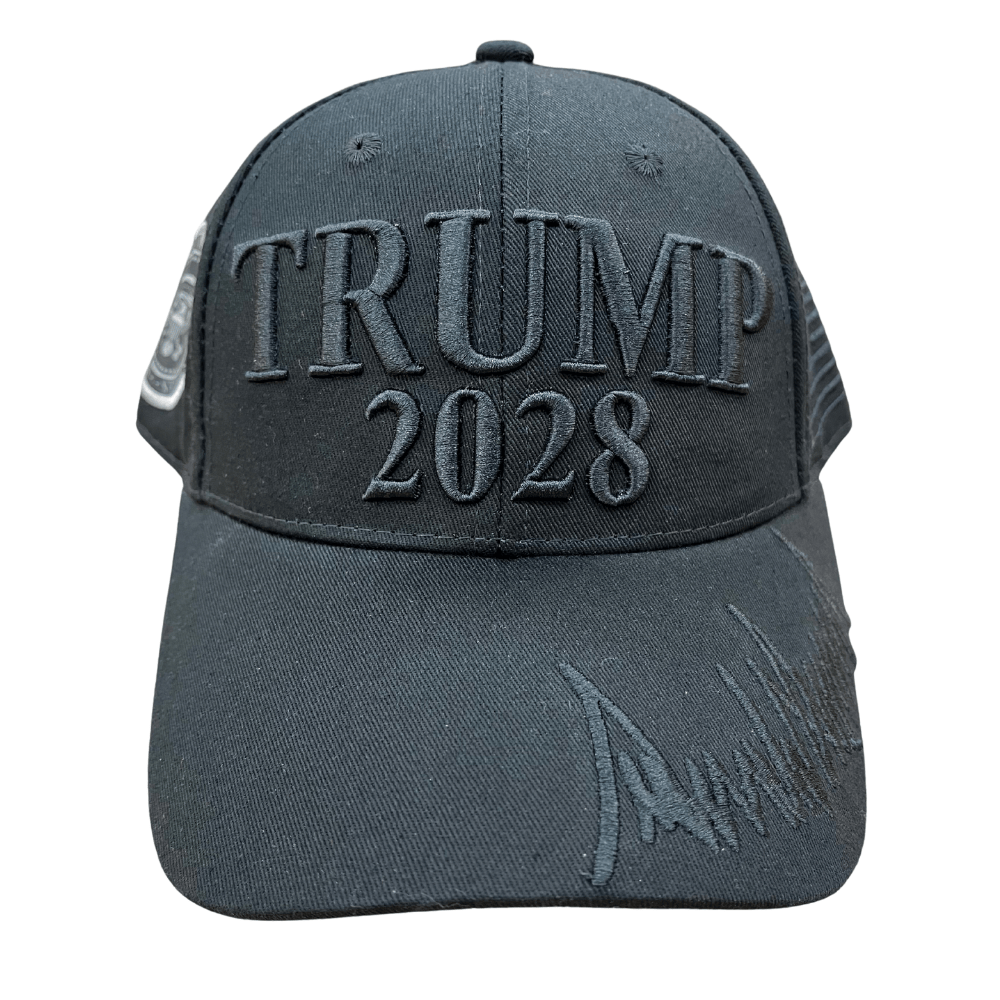 Black Trump 2028 Signature Hat featuring tonal embroidery and Donald Trump's signature on the bill, ideal for political supporters.