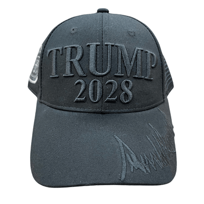 Black Trump 2028 Signature Hat featuring tonal embroidery and Donald Trump's signature on the bill, ideal for political supporters.