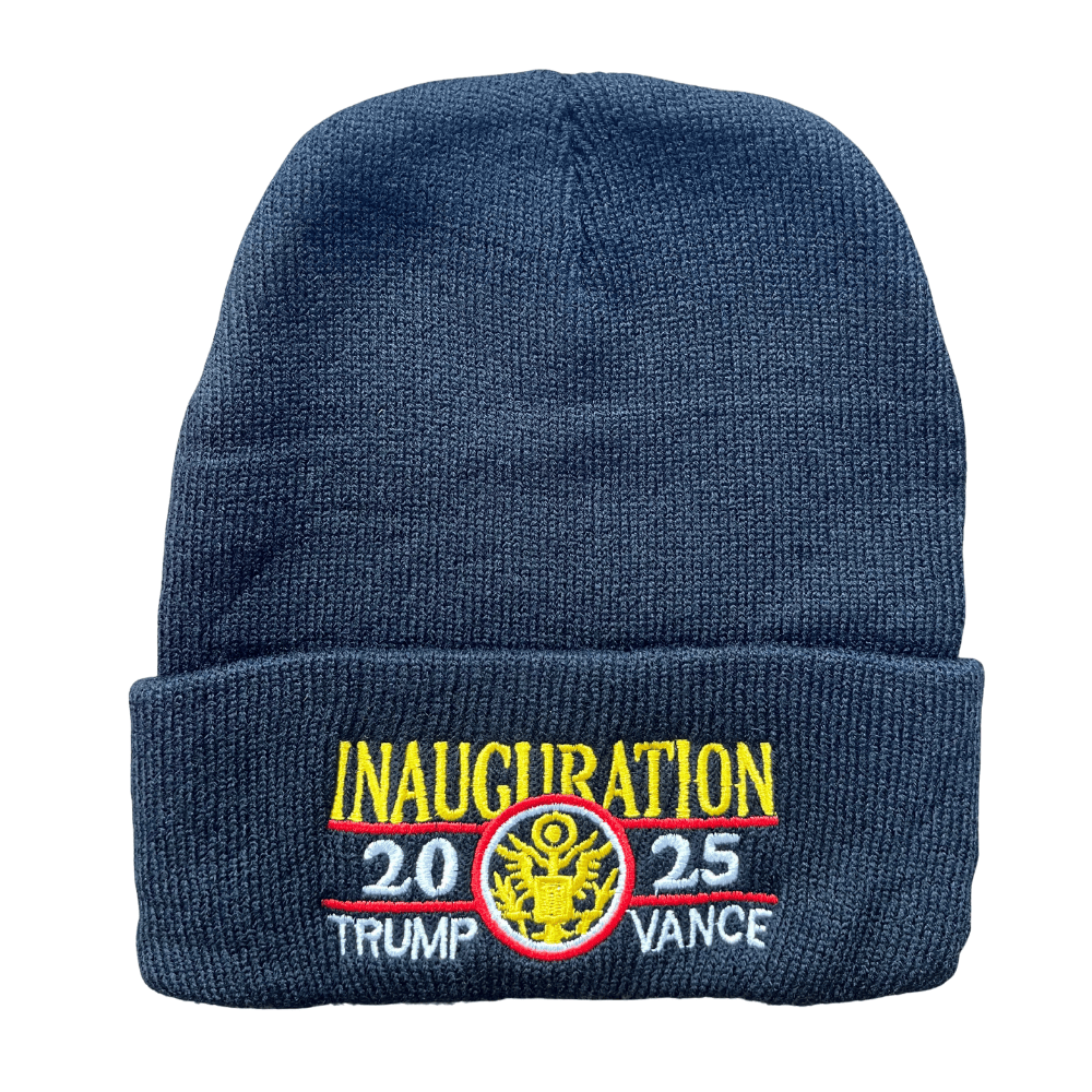 Black Trump Vance Inauguration 2025 Beanie with bold embroidery and presidential emblem, displayed on a neutral background.