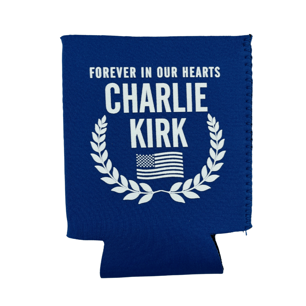 Blue Charlie Kirk Memorial Koozie with white lettering and patriotic wreath design, holding a standard 12 oz beverage can.