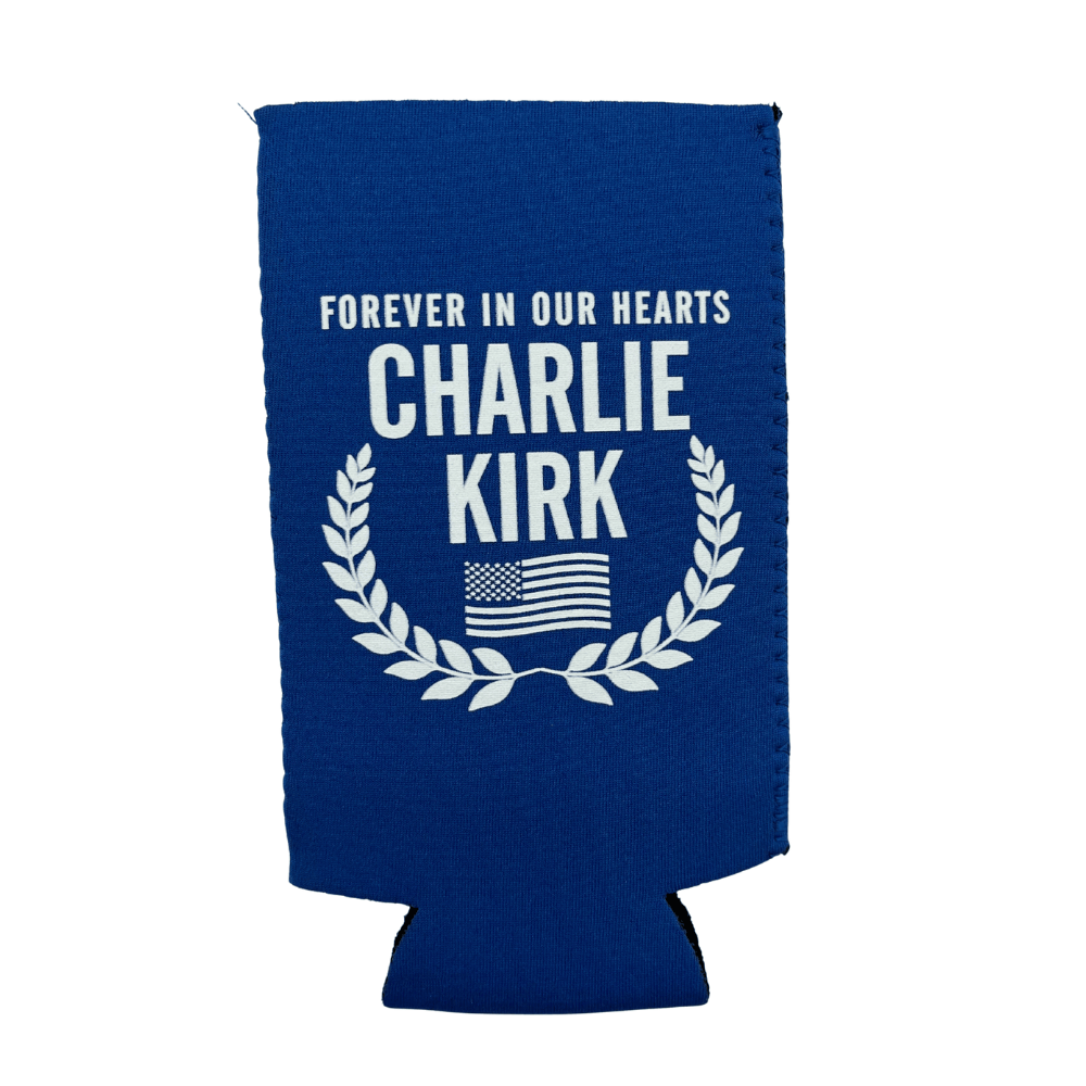Blue Charlie Kirk Memorial Skinny Koozie featuring white lettering and laurel wreath design, made from durable neoprene for slim cans.