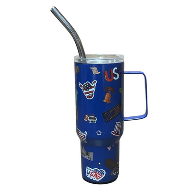 Blue Patriotic Mini Tumbler featuring American flags and eagles, designed for hot and cold beverages, sitting on a table.