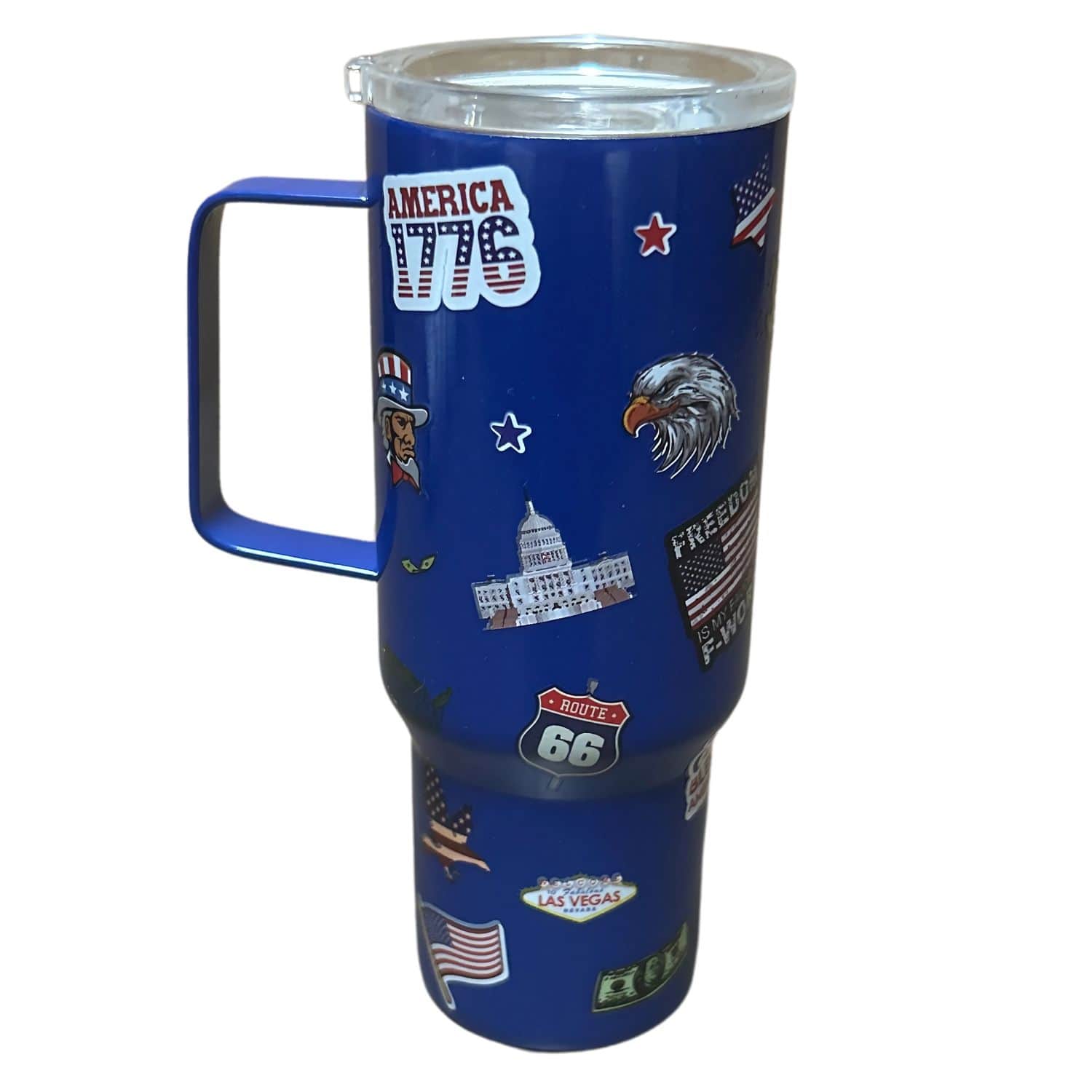 Blue Patriotic Mini Tumbler featuring American flags and eagles, designed for hot and cold beverages, sitting on a table.