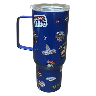 Blue Patriotic Mini Tumbler featuring American flags and eagles, designed for hot and cold beverages, sitting on a table.