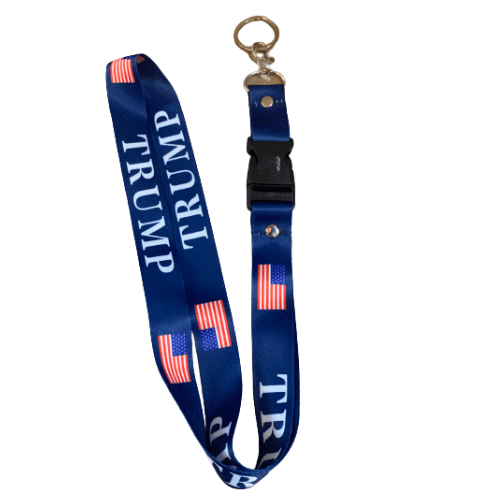 Blue Patriotic Trump Lanyard with bold TRUMP lettering and American flag accents displayed with keys attached, showcasing its practical use and design.