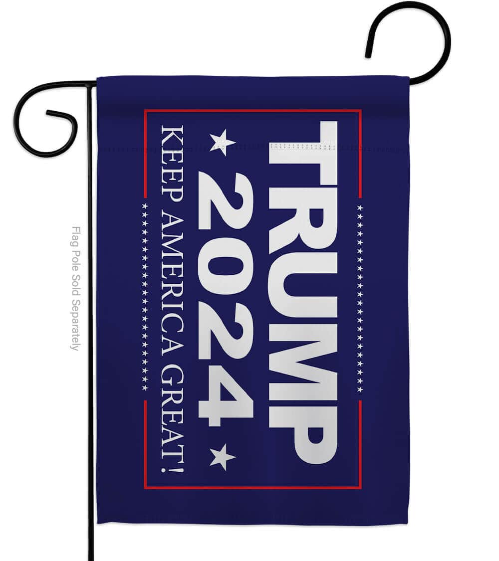 Blue Trump 2024 Keep America Great garden flag displayed in a front yard, showcasing bold colors and double-sided design for outdoor use.