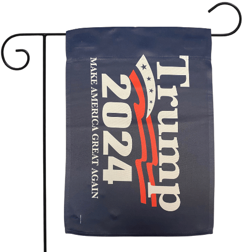Blue Trump 2024 Wave MAGA Garden Flag featuring deep blue background and bold wave design, displayed outdoors on a garden pole.