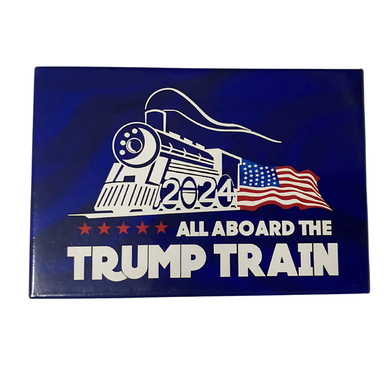 Blue Trump Train Magnet with train graphic and 2024 text against a rich blue background displayed on a refrigerator.