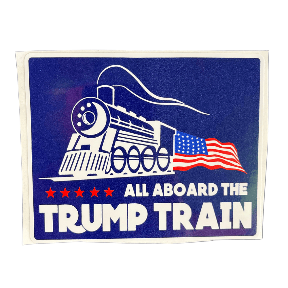 Blue Trump Train sticker featuring bold patriotic artwork displayed on a laptop, showcasing American political themes in a vibrant design.