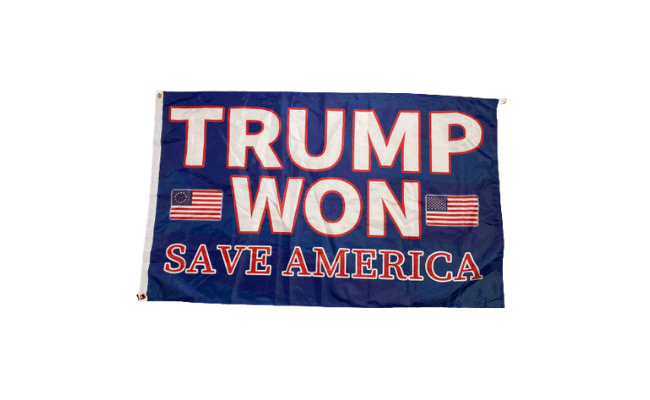 Blue Trump Won Save America 3x5 Flag featuring bold text on a vibrant blue background, displayed on an outdoor flagpole.