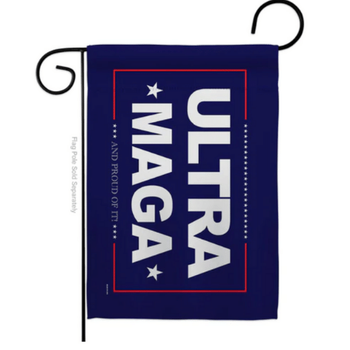 Blue Ultra MAGA and Proud of It double-sided garden flag featuring bold graphics displayed on a flag stand in an outdoor setting.