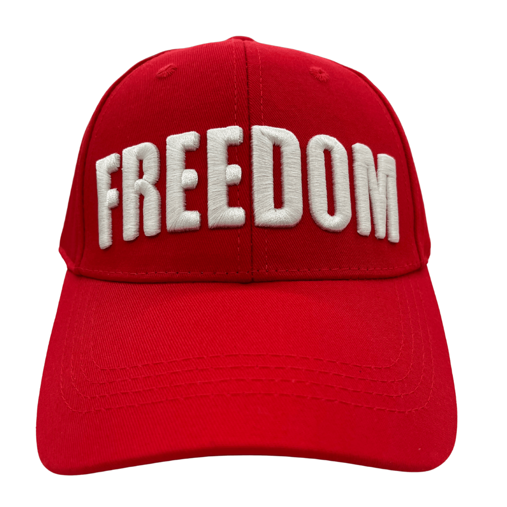 Visual depiction of the Charlie Kirk Freedom Red Hat featuring bright red cotton twill and raised white "FREEDOM" text, designed for patriotic expression.