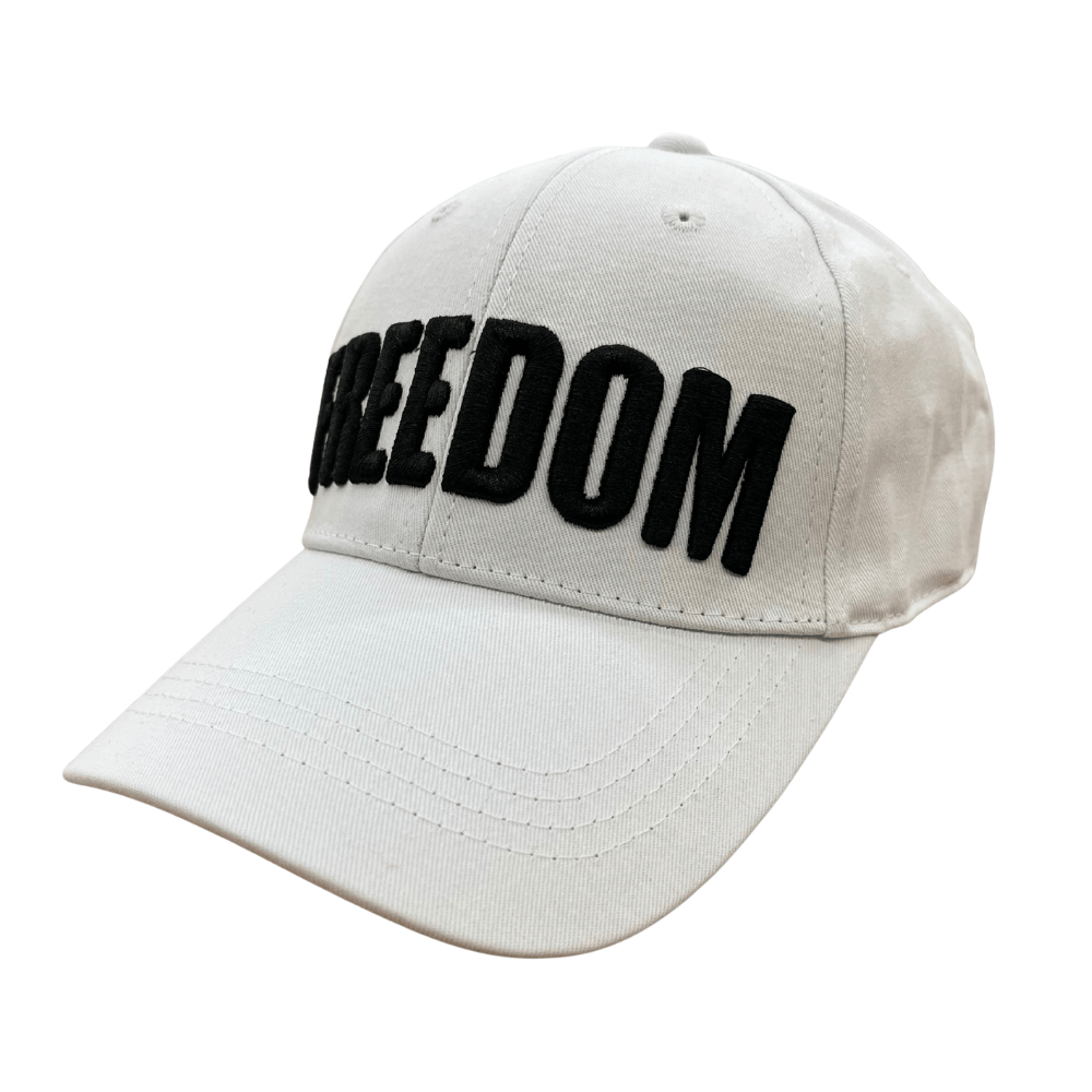 Charlie Kirk Freedom White Hat featuring bold black 'FREEDOM' embroidery on a white cotton twill background, perfect for showcasing American values.