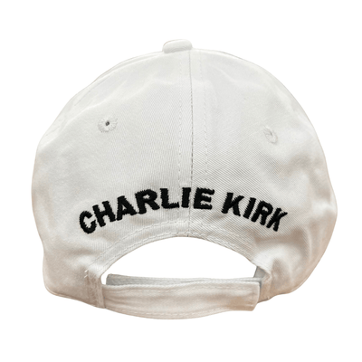 Charlie Kirk Freedom White Hat featuring bold black 'FREEDOM' embroidery on a white cotton twill background, perfect for showcasing American values.