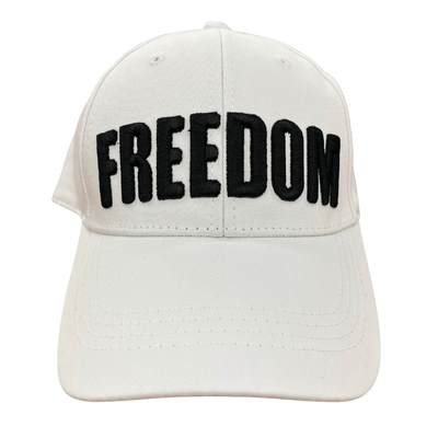 Charlie Kirk Freedom White Hat featuring bold black 'FREEDOM' embroidery on a white cotton twill background, perfect for showcasing American values.