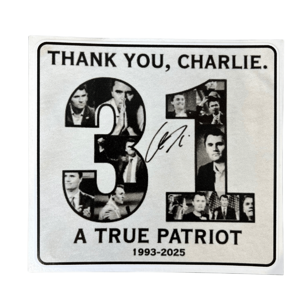 Charlie True Patriot Sticker featuring bold American themes on a smooth surface, exemplifying patriotic spirit and durability.