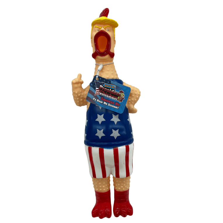 Brightly colored Chicken Trump Squeaky Toy in red, white, and blue with Trump's hairstyle and hand gestures, designed for fun and laughter.