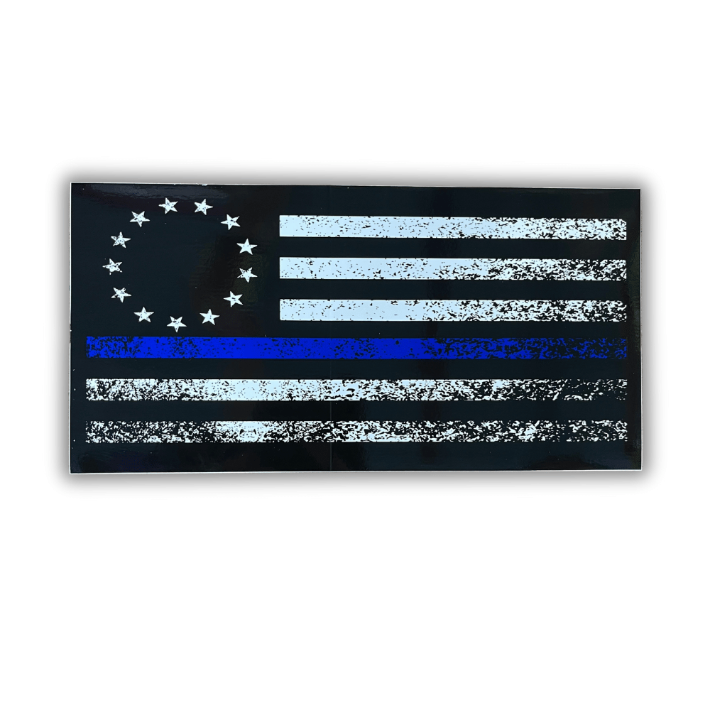 Colonial Thin Blue Line bumper sticker showcasing an iconic design of American pride and law enforcement with weather-resistant features for outdoor use.