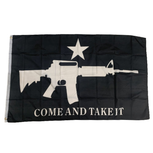 Come and Take It 3x5 flag displaying an assertive motto on weather-resistant nylon against a clear blue sky backdrop.