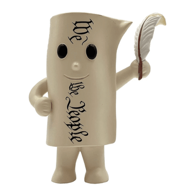 The Constitution Pocket Patriot figurine, 4.25 inches tall, depicting a personified scroll holding a feather quill, displayed on a shelf.