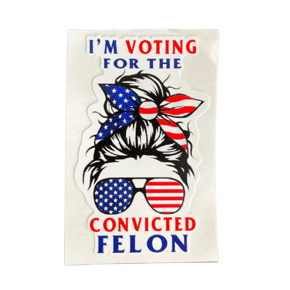 Convicted Felon Bow Girl sticker showcased on a laptop surface, featuring bold patriotic design and durable adhesive vinyl for outdoor use.