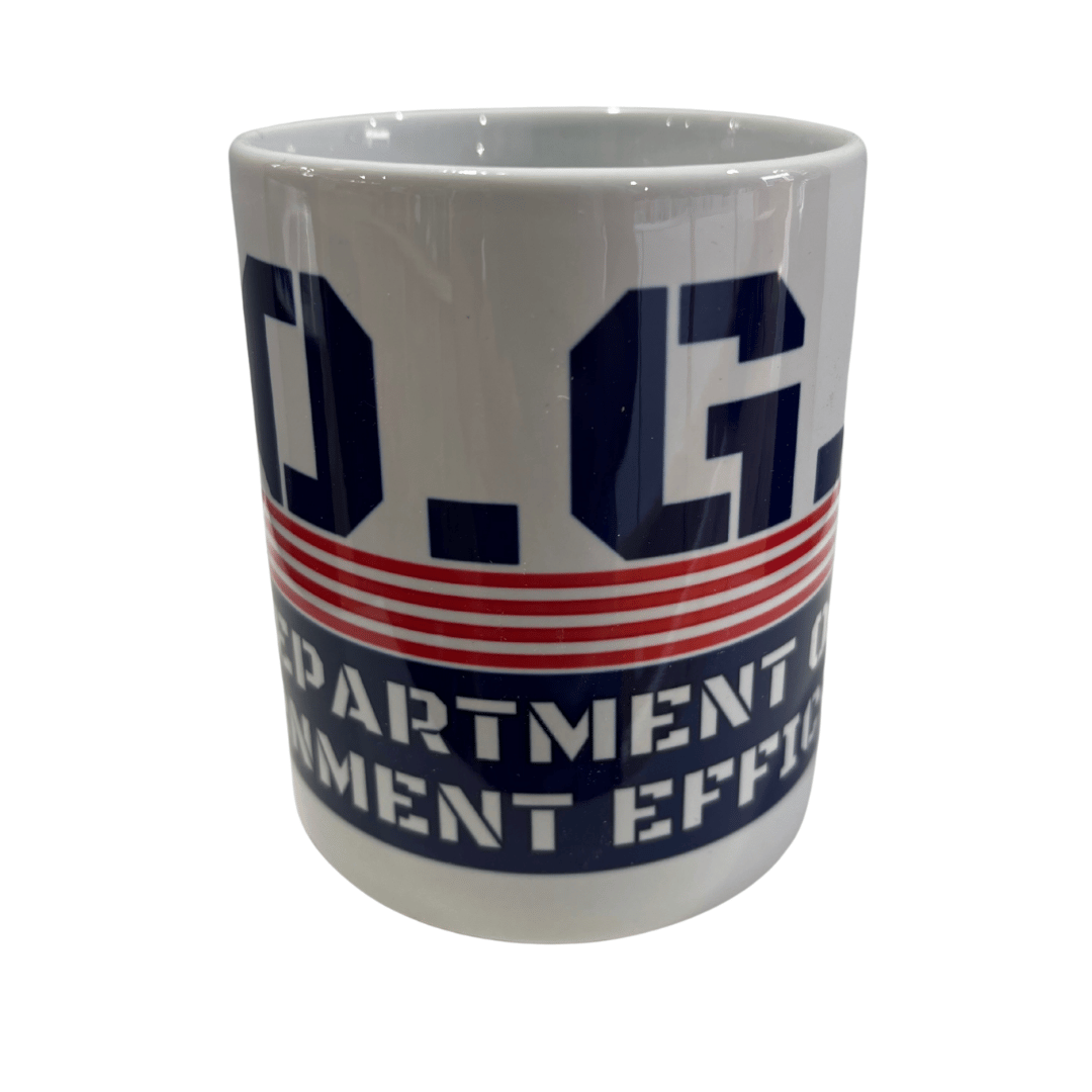D.O.G.E. Acronym Mug with bold block lettering displaying 'Department of Government Efficiency' in red, white, and blue colors.
