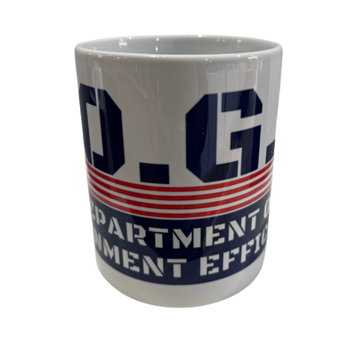 D.O.G.E. Acronym Mug with bold block lettering displaying 'Department of Government Efficiency' in red, white, and blue colors.
