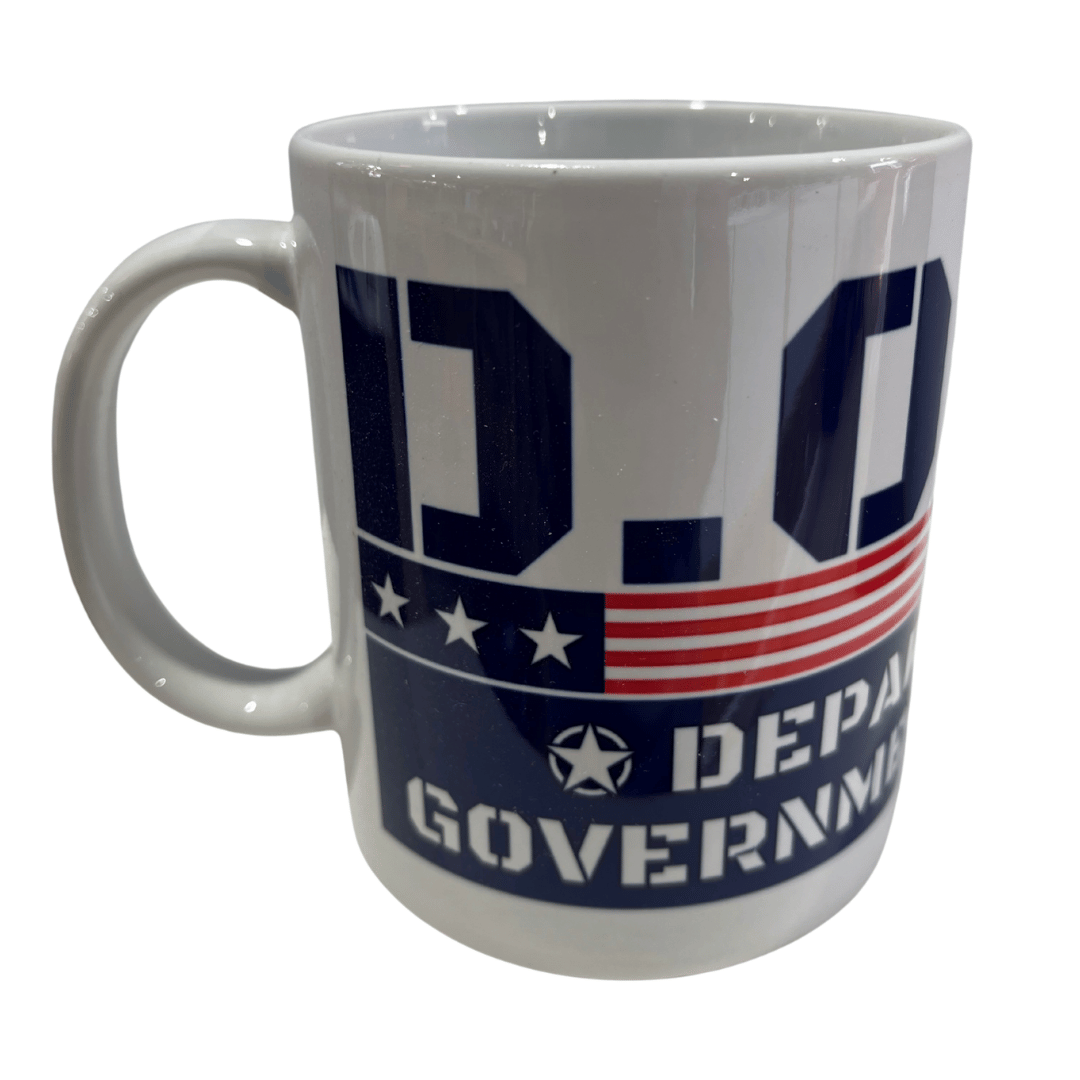 D.O.G.E. Acronym Mug with bold block lettering displaying 'Department of Government Efficiency' in red, white, and blue colors.
